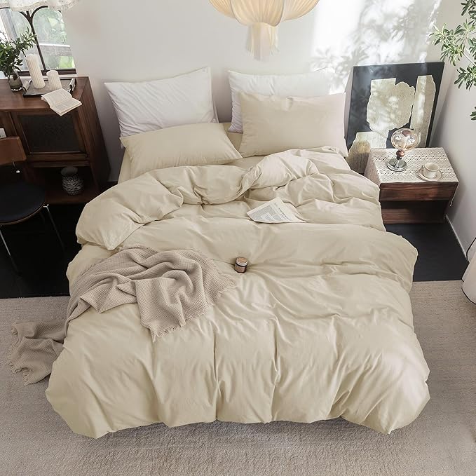 FOSSA Duvet Cover Set 100% Washed Cotton Linen Feel Super Soft Breathable Cozy 3 Pieces Bedding Sets Solid Almond Grey Oversized King