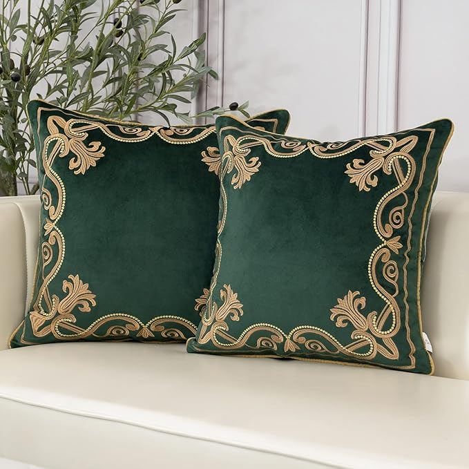 Aeckself European Luxury Velvet Throw Pillow Cover 16 x 16 Inch, Embroidery Floral Pillow Cover Home Decor Pillowcase for Couch Bedroom Living Room, Dark Emerald Green and Gold