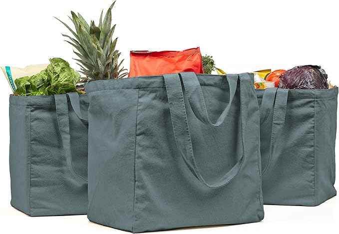 VeraMia Canvas Grocery Bag 3pc XL Set with Real Pockets, Long Shoulder Strap and Short Handle. Heavy Duty, Foldable, Washable