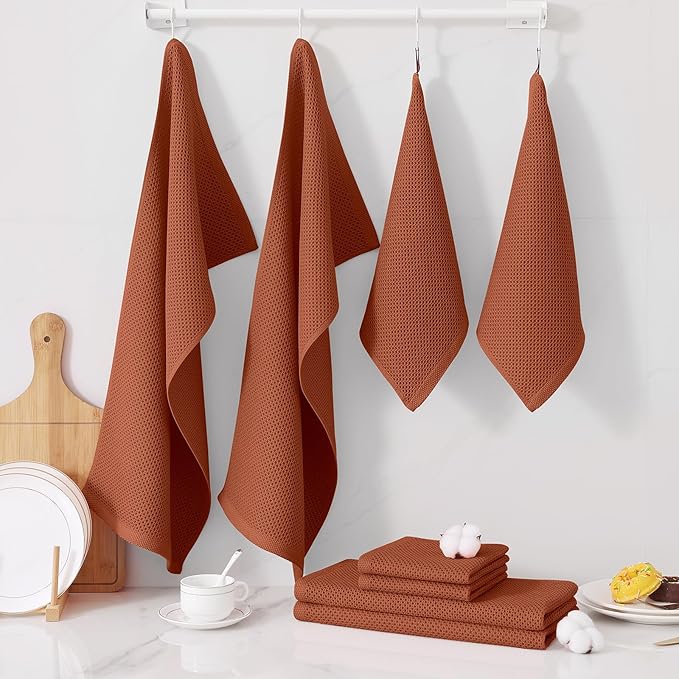Homaxy 100% Cotton Kitchen Towels and Dishcloths Set, 12 x 12 Inches and 13 x 28 Inches, Set of 12 Bulk Kitchen Towels Set, Ultra Soft Absorbent Dish Cloths for Washing Dishes, Rust