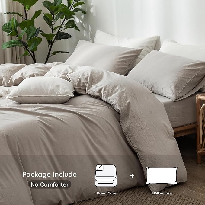 MooMee Bedding Duvet Cover Set 100% Washed Cotton Linen Like Textured Breathable Durable Soft Comfy (Heathered Cream Grey, Twin 68"x90")