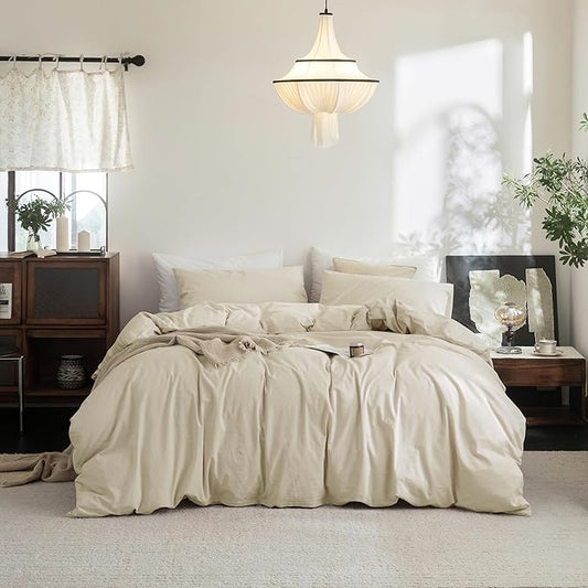 FOSSA Duvet Cover Set 100% Washed Cotton Linen Feel Super Soft Breathable Cozy 3 Pieces Bedding Sets Solid Almond Grey Super Queen