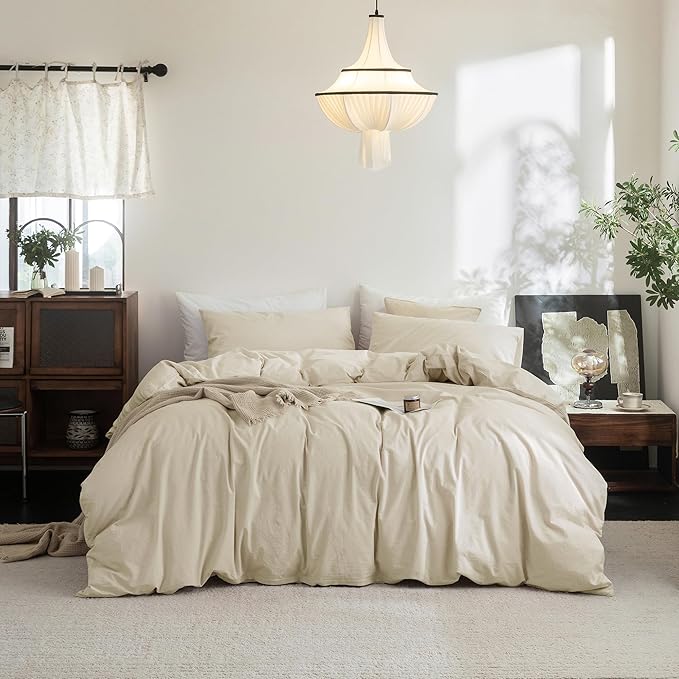 FOSSA Duvet Cover Set 100% Washed Cotton Linen Feel Super Soft Breathable Cozy 3 Pieces Bedding Sets Solid Almond Grey Queen