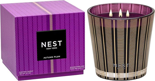NEST New York Scented 3-Wick Candle, Autumn Plum - 21.2 oz - Up to 100-Hour Burn Time - Reusable Glass Vessel