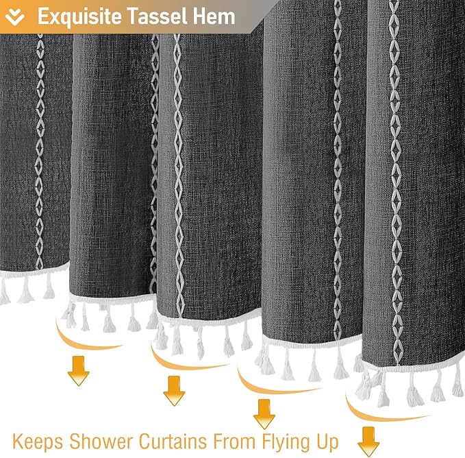 BTTN Boho Farmhouse Shower Curtain - Linen blend Rustic Striped Fabric Shower Curtain Set with Tassel, Water Repellent, Bohemian Vintage Country Cloth Shower Curtain for Bathroom, Charcoal Grey, 72x72