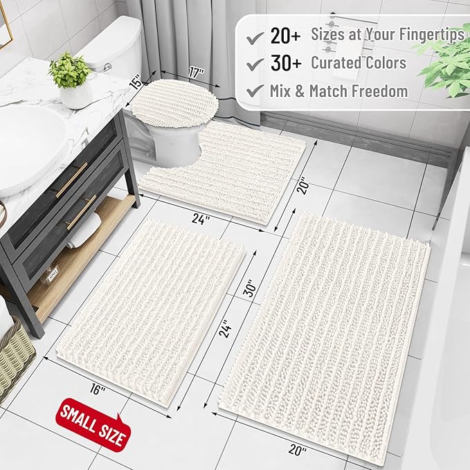 Arotive Luxury Chenille Bathroom Rug Mat, Extra Soft Thick Absorbent Shaggy Bath Rugs, Non-Slip Machine Wash Dry, Plush Bath Mats for Bathroom, Shower and Tub, 40x24, Ivory