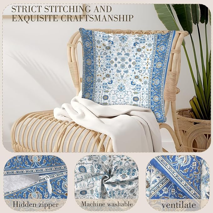 Boho Floral Throw Pillow Covers 16x16 inch Set of 2,Blue Boho Rug Geometric Floral Pattern Decor Double Sided Pattern Cushion Cover Soft Pillow Case Living Sofa Room Bed Square Pillow Cover