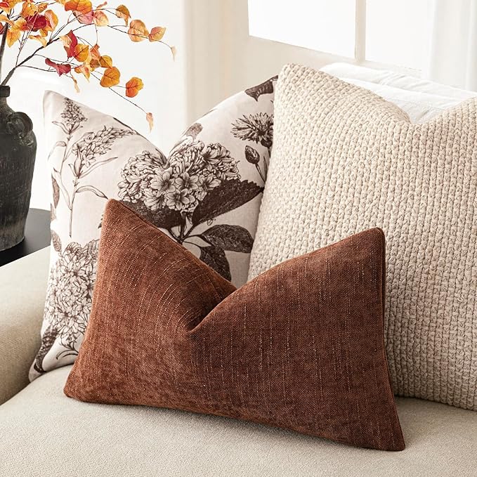 Foindtower Pack of 2 Textured Chenille Throw Decorative Pillow Covers Square Accent Solid Cushion Cover Neutral Farmhouse Lumbar Pillow Case for Couch Sofa Bedroom Living Room 12x20 Inch,Red Taupe