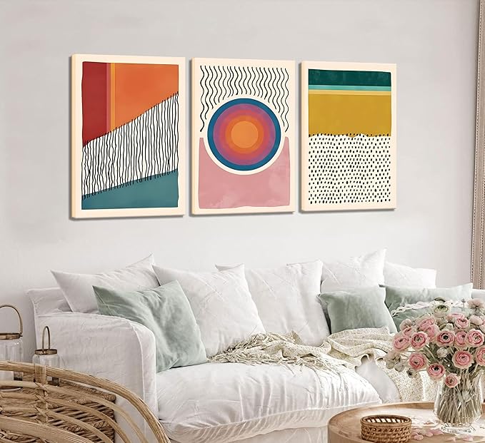 Set of 3 Framed Boho Wall Art Mid Century Modern Wall Decor Posters Abstract Color Block Geometric Canvas Paintings Prints Colorful Simple Line Pictures for Living Room Bedroom Home Decoration