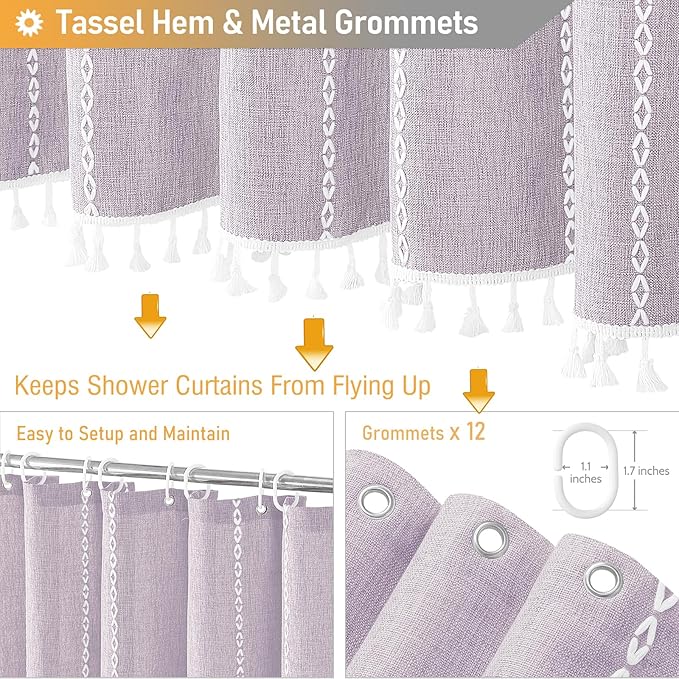 BTTN Extra Long Shower Curtain, 72x96 Long Striped Boho Chic Linen Fabric Heavy Duty Shower Curtain with Hooks, Tall Bohemian Farmhouse Luxury Tassel Thick Cloth Shower Curtain for Bathroom, Lavender