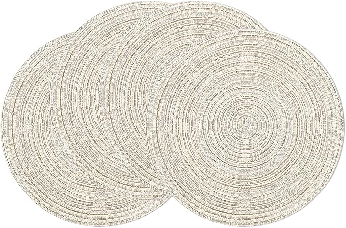 SHACOS Round Braided Placemats Set of 4 Washable Table Placemats Cotton Polyester Place Mats 15 inch Circle Table Mats for Holiday Party (Ivory, 4)