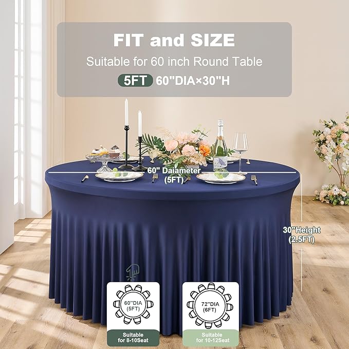 Outpain 8 Pack Spandex Navy Blue Round Tablecloths for 60in Tables, 120Inch Stretchy Fitted 5FT Round Table Clothes,Wrinkle Free Table Cover with Skirt for Wedding Party Dining Banquet