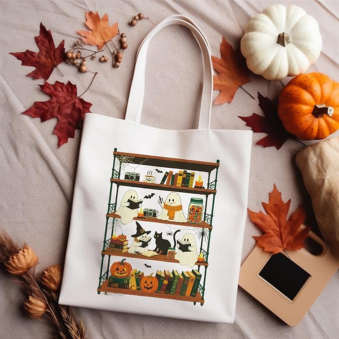 Halloween Canvas Tote Bag Vintage Ghost Canvas Bag Cute Funny Trick Or Treat Reusable Cotton Bag Shopping Tote Handbag For Women Holiday Grocery Beach Handbag With Shoulder