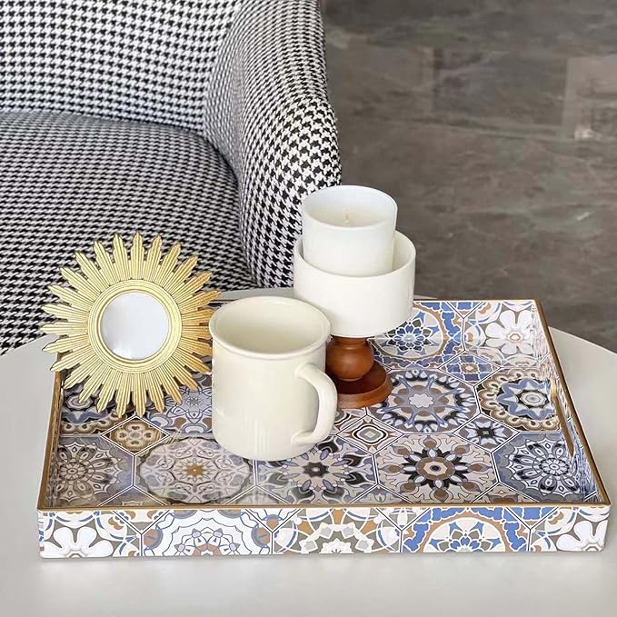 Large Serving Tray with Handles,Rectangle Plastic Serving Tray,Bohemian Blue Ottoman Trays Coffee Table Trays for Living Room,Decorative Tray for Coffee Table 16" x 12"