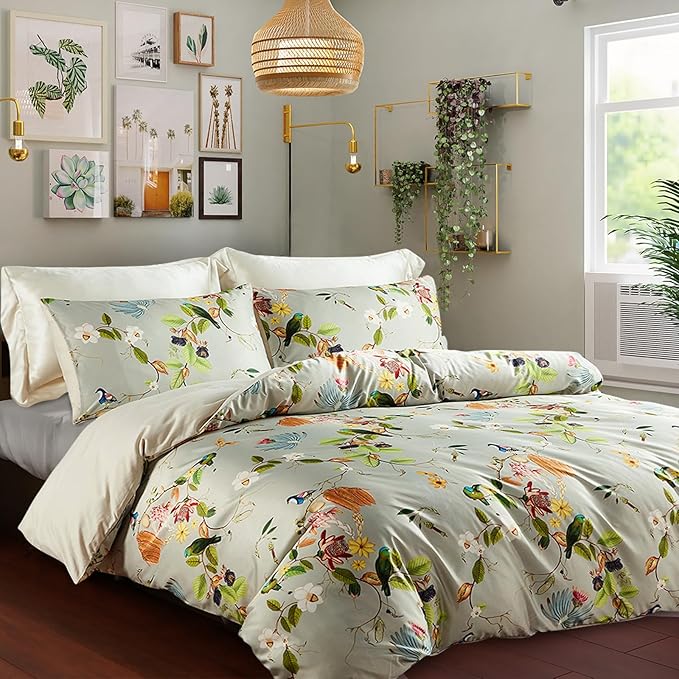 mixinni Duvet Cover Full Size Set Floral Leaves Pattern Cotton Bird Printed Bedding Duvet Covet Set with Zipper Ties, Perfect for Him and Her, Easy Care, Soft and Breathable-(3pcs, Full Size)
