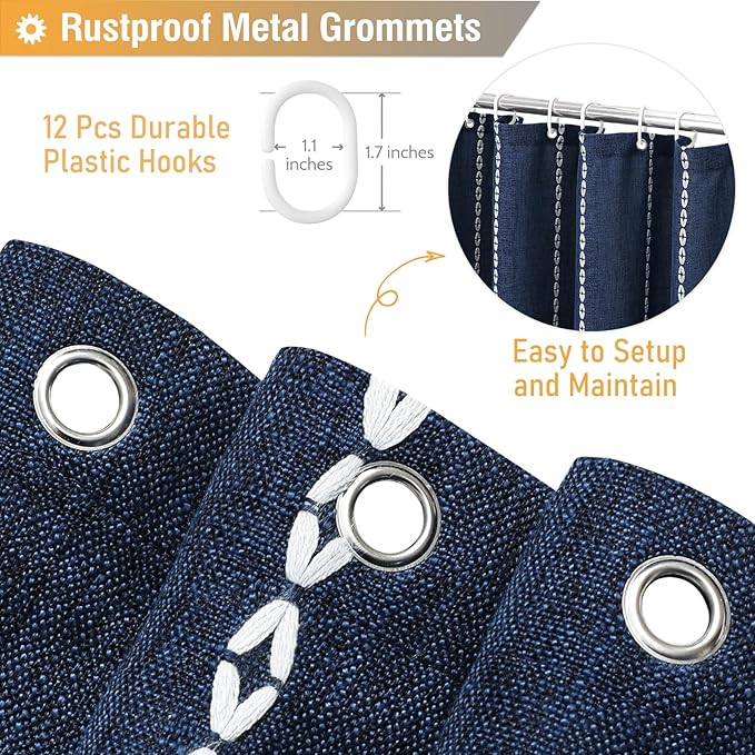 BTTN Boho Farmhouse Shower Curtain - Linen Rustic Weighted Striped Fabric Shower Curtain Set with Tassel, Water Repellent, Bohemian Vintage Country Cloth Shower Curtain for Bathroom, Navy Blue, 72x72