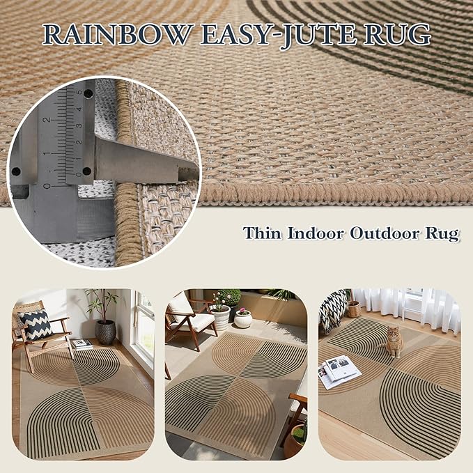Lahome Modern Rainbow Easy Jute Office Rug, Washable Rugs 4x6 for Living Room Bedroom Farmhouse Kitchen Mats for Floor, Contemporary Non Slip Floor Carpet for Entryway Backyard Sunroom