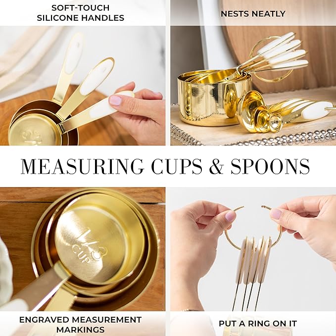 Styled Settings White and Gold Kitchen Utensils Set - 15-Piece BPA free, Non-Scratch, Utensils Set Includes White Silicone Cooking Utensils and Measuring Cups and Spoons