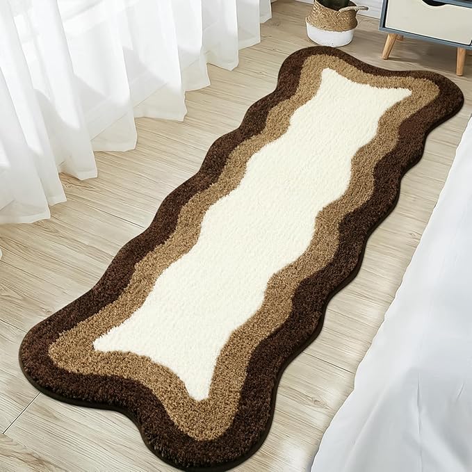 HAOCOO Brown Long Bathroom Rug Runner, Microfiber Absorbent Boho Bath Mats for Bathroom Non-Slip, Washable Soft Plush Shower Mats for Sink Shower Tub