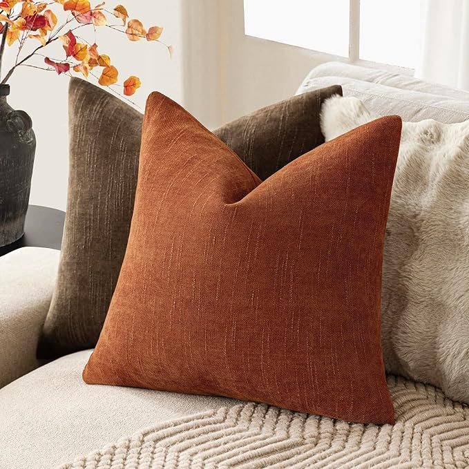 Foindtower Pack of 2 Soft Textured Chenille Throw Decorative Pillow Covers Square Accent Solid Cushion Cover Cozy Neutral Farmhouse Pillow Case for Couch Sofa Bedroom Living Room 20x20 Inch,Orange