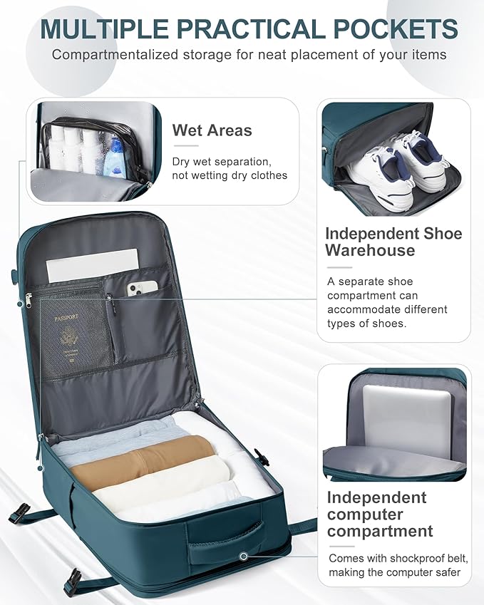 coowoz Large Travel Backpack Carry On for Women Man Waterproof Gym Backpacks Mochila de Viaje Travel Bag Essentials Teacher Personal Item Backpack Rucksack Airplane Accessories Must Haves Peacock Blue