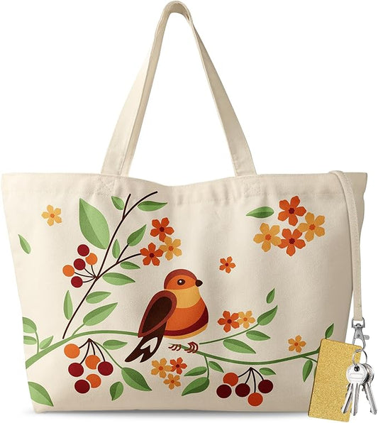 Large Tote Bag for Women - Aesthetic Cute Big Canvas Bags with Zipper Cotton Shoulder Bag for Gym, Travel, Work