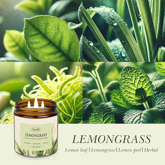 Auelife Lemongrass Scented Candle | 3-Wick Jar Candle - 12oz Natural Soy Wax - Lemon Scent for Indoor Outdoor Use, Long Lasting Aromatherapy Gifts for Home, Summer, 50+ Hour Burn