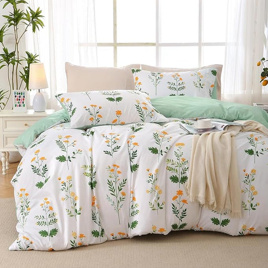 Duvet Cover King Size, Reversible Floral Vintage Duvet Cover Set with Zipper Closure, 3 Pieces Botanical Patterns Soft Microfiber Bedding Set (90"x104", 2 Pillow Cases, Honeysuckle Green White)