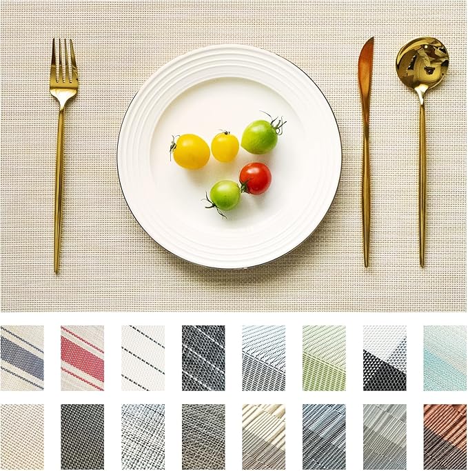 Placemats Set of 12 Vinyl/Plastic Woven Place Mats for Kitchen Table Indoor/Outdoor Washable Placemat Wipeable Dining Table Mats (Beige,12)