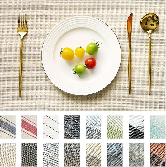 Placemats Set of 12 Vinyl/Plastic Woven Place Mats for Kitchen Table Indoor/Outdoor Washable Placemat Wipeable Dining Table Mats (Beige,12)
