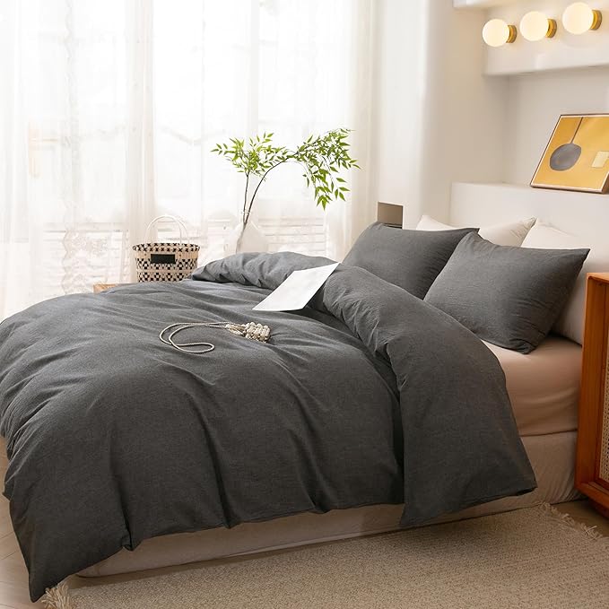 ECOCOTT Grey Duvet Cover Queen Size, 100% Washed Cotton 1 Duvet Cover with Zipper and 2 Pillowcases, Ultra Soft and Easy Care Breathable Cozy Simple Style Bedding Set(Dark Grey)