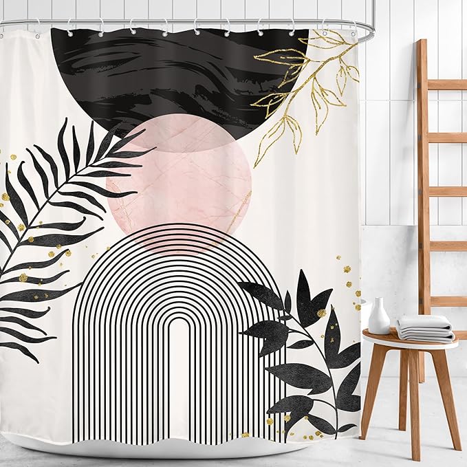 Black Pink Boho Shower Curtain Mid Century Modern Abstract Bohemian Minimalist Gold Leaves Sun Arch Geometric Plant 60Wx72H Bathroom Decor Neutral Bath Curtain Fabric Polyester 12 Pack Hooks