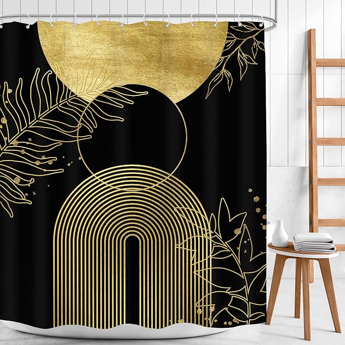 Black Gold Boho Shower Curtain 60Wx72H Mid Century Modern Abstract Leaves Plant Sun Bathroom Decor Minimalist Geometric Arch Line Vintage Aesthetic Bath Curtain Fabric Polyester 12 Pack Hooks