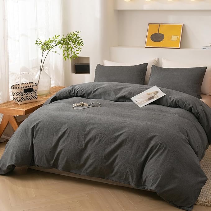 ECOCOTT Grey Duvet Cover Queen Size, 100% Washed Cotton 1 Duvet Cover with Zipper and 2 Pillowcases, Ultra Soft and Easy Care Breathable Cozy Simple Style Bedding Set(Dark Grey)