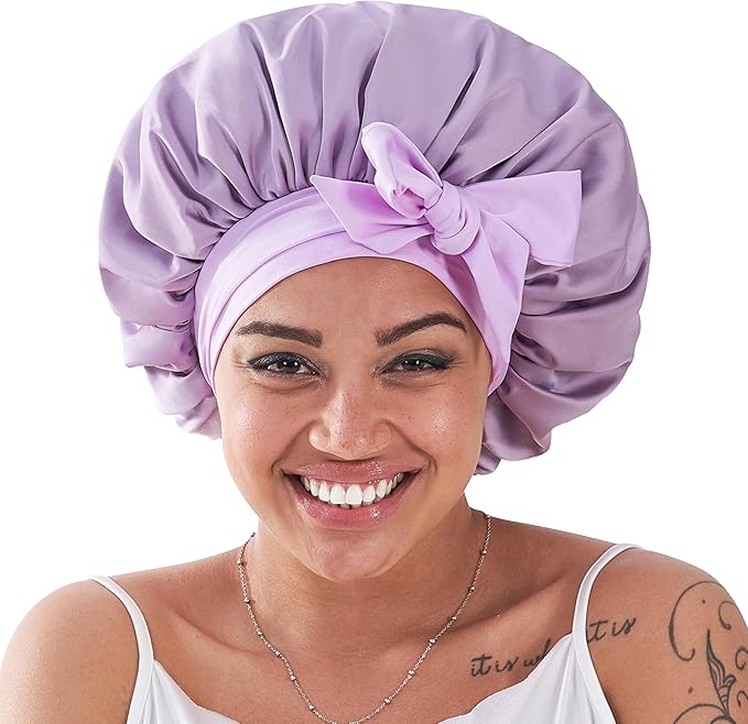 Silk Satin Bonnet Hair Wrap for Sleeping Women, Adjustable Tie Band Double Layer Sleep Night Head Cover for Curly Braid Fine