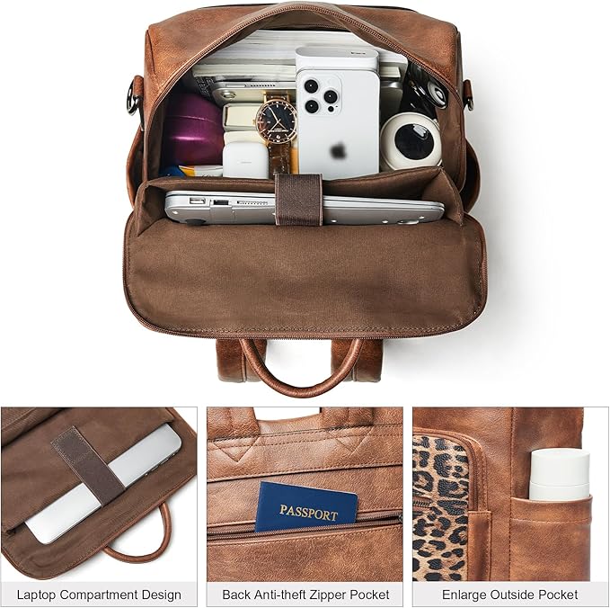 Shrrie 15.6 inch Laptop Backpack for Women,Large Leather Purse,Travel Backpacks Carry on,Water Resistant Casual Laptop Backpacks,College Backpack,Work Backpack for Women,Two-tone Camel Brown