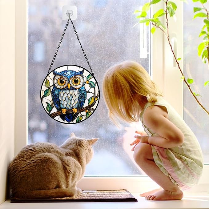 Stained Glass Window Hanging, Owl Gifts for Women Sun Catchers Diamond Glass Panel Hangings Birds Suncatcher Decor for Birthday for Women, Men, Wife, Aunt, and Mom 11.8x11.8 in