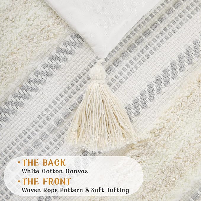 decorUhome Decorative Boho Throw Pillow Cover 18x18, Accent Neutral Textured Tufted Pillow Cover Striped for Couch Bed Sofa, Beige and Cream White, Pack of 1