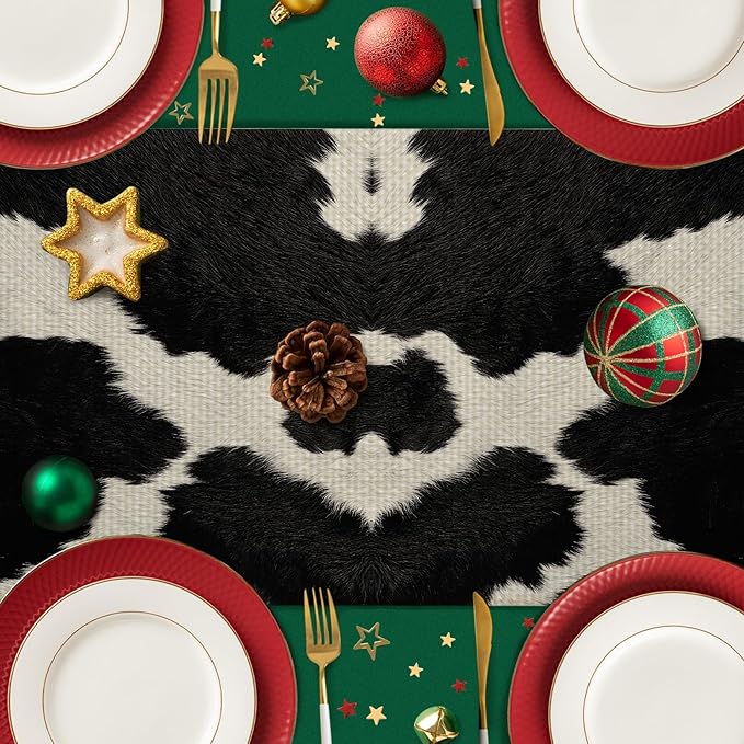 Cow Print Black Table Runner Kitchen Dining Linen Table Decoration for Indoor Outdoor Home Party Dinner 13x72 Inch