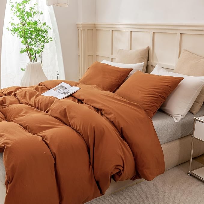 ECOCOTT Brown Duvet Cover King Size, 3 Piece 100% Washed Cotton 1 Duvet Cover with Zipper and 2 Pillowcases, Ultra Soft and Easy Care Breathable Cozy Bedding Set (Brown,King)