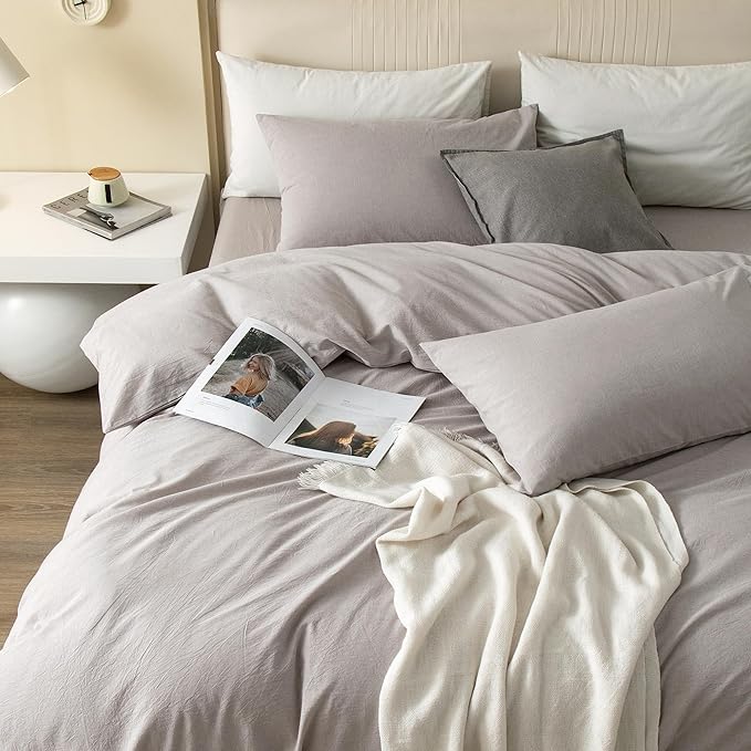 JIYUAN 100% Washed Cotton Duvet Cover Set 3 Pieces King, 1 Duvet Cover 104x90 Inches(Comforter Not Included) and 2 Pillowcases,Linen Feel Bedding Set Comfy and Breathable, Heathered Linen