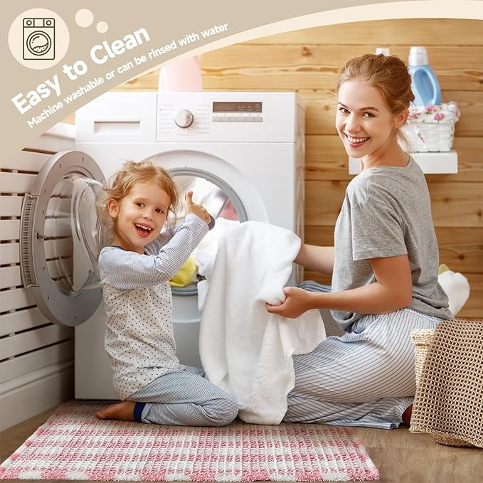 Waffle Runner Rug Bathroom, Long Boho Bathroom Rugs Non Slip Washable Absorbent Checkered Bathroom Mat Quick Dry Cute Bath Mat, 72"x24" Pink and White