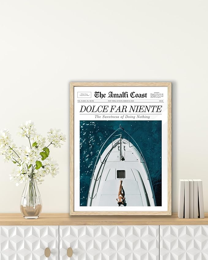 EcoHest Trendy Newspaper Dolce Far Niente Framed Wall Art, 12x16 in OAK Wood La Dolce Vita Canvas Art, Magazine Italian Summer Headline Print Decor, Beige Logs Set of 1 for Bedroom Living Room