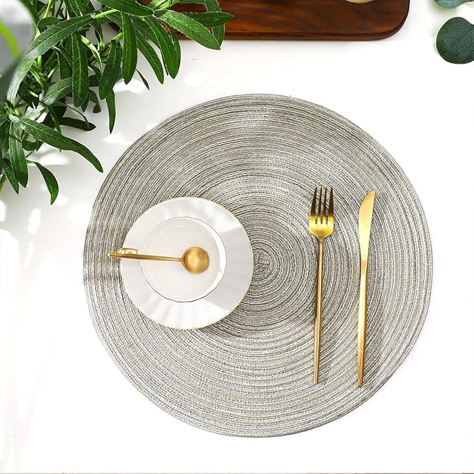 SHACOS Round Braided Placemats Set of 6 Glitter Circle Place Mats Washable 15 inch Table Mats for Dining Table Wedding Party (Light Gray Gold, 6)