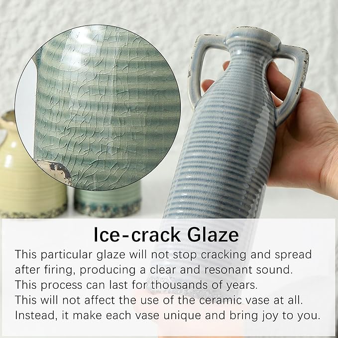 Ceramic Vase Set of 3 with Handles - Farmhouse Vase Set for Modern Decoration, Rustic Crackle Round Vases for Home Decor, Dining Table, Living Room, Kitchen, Office, Shelf - Multicolor