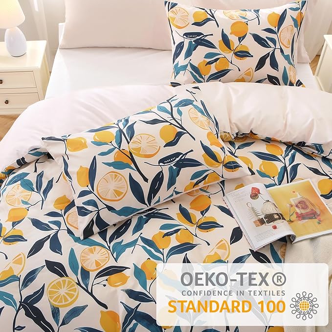 MUXHOMO Duvet Cover Queen Size, Reversible Floral Vintage Duvet Cover Set with Zipper Closure, 3 Pieces Botanical Patterns Soft Microfiber Bedding Set (90"x90", 2 Pillow Cases, Lemon Flower Green)