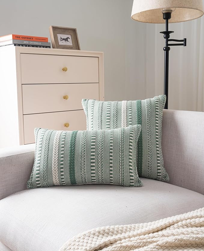 Boho Throw Pillow Covers 12x20 Inch Set of 2, Farmhouse Decorative Couch Pillow Cases, Light Green Accent Pillows of Bed, Sofa Bedroom Living Room Home Decor Cushion Cover