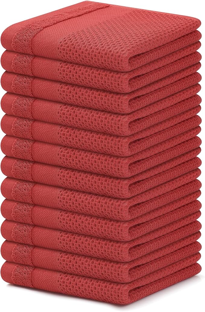 Homaxy 100% Cotton Dish Cloths, 12 Pack - 12 x 12 Inches, Waffle Weave Super Soft and Absorbent Dish Towels Quick Drying Dishcloths, Red