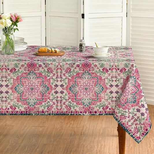 Horaldaily Boho Bohemia Style Tablecloth 52×70 Inch Rectangular, Pink Vintage Country Rustic Farmhouse Magical Fall Orange Washable Seasonal Table Cover for Party Picnic Dinner Decor