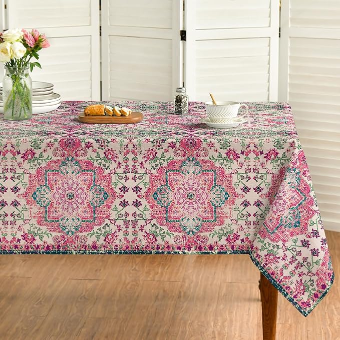Horaldaily Boho Bohemia Style Tablecloth 60x84 Inch Rectangular, Vintage Country Rustic Farmhouse Magical Fall Pink Washable Seasonal Table Cover for Party Picnic Dinner Decor
